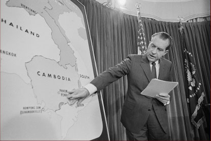 Nixon points on Cambodia map